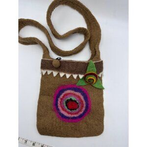 Handmade Wool Felt Crossbody Bag  Colorful Spiral Design Leaf Accent Nepal
